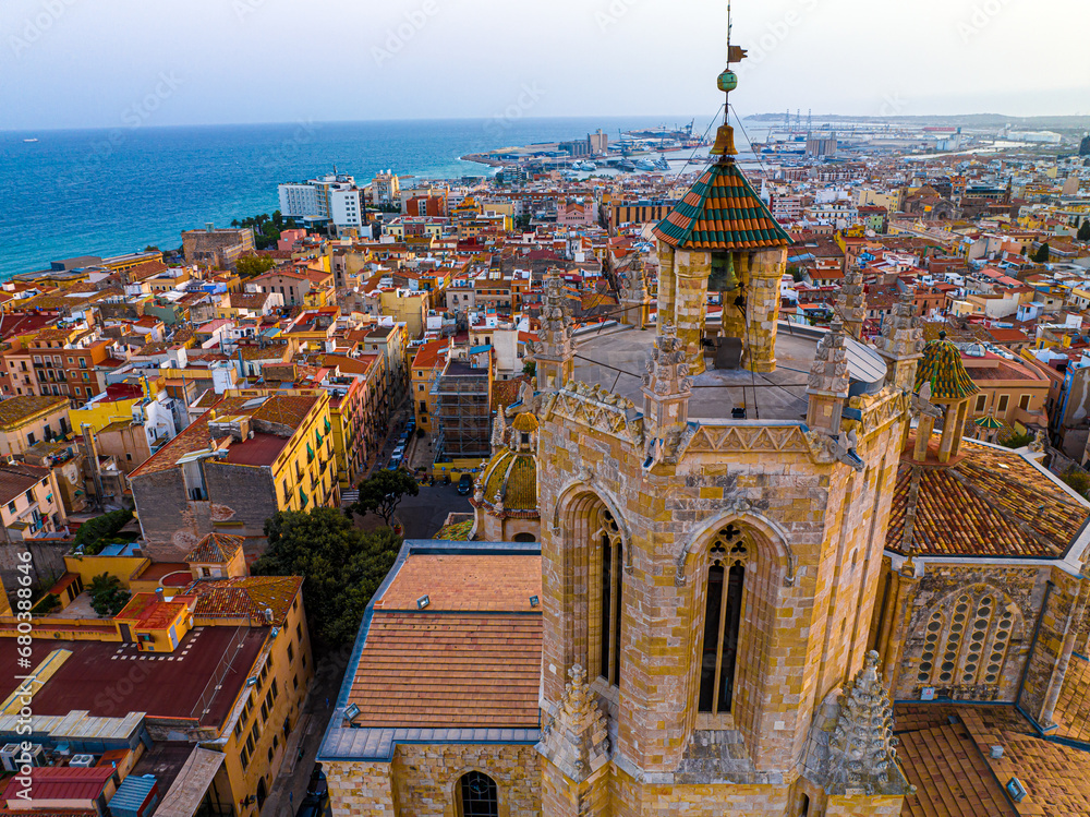 Aerial view of the Primatial Cathedral of Tarragona, a Roman Catholic church in Tarragona, Catalonia, Spain