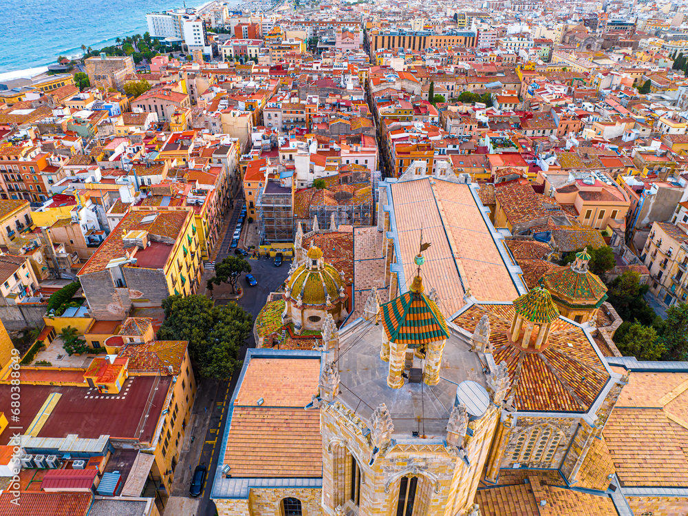 Aerial view of the Primatial Cathedral of Tarragona, a Roman Catholic church in Tarragona, Catalonia, Spain