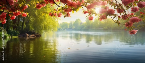 serene spring park, the abstract background of nature unfolded with vibrant colors, as the light illuminated the green leaves and red flowers, reflecting off the waters gentle texture presence of the photo