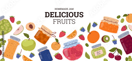 Jam, garden fruits and berries, vector banner, illustrations on white photo