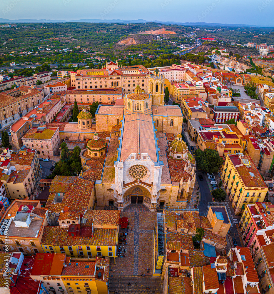 Aerial view of the Primatial Cathedral of Tarragona, a Roman Catholic church in Tarragona, Catalonia, Spain