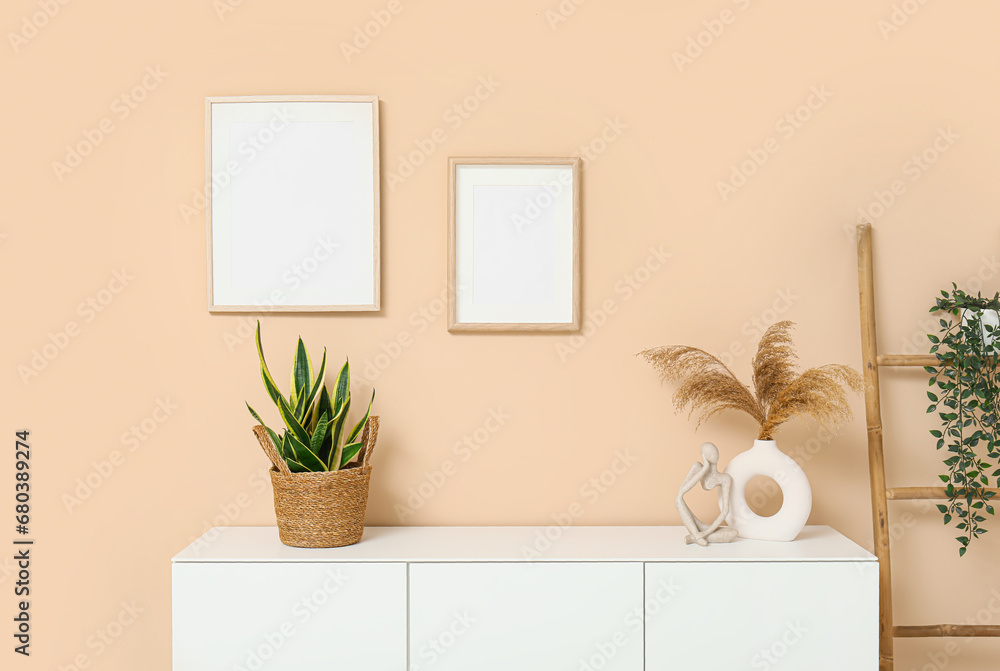 Fototapeta premium Modern white chest of drawers with houseplants and ladder near beige wall in room