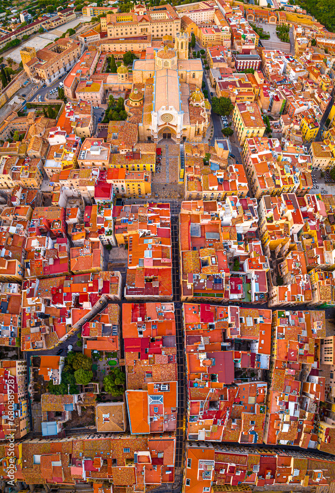 Aerial view of the Primatial Cathedral of Tarragona, a Roman Catholic church in Tarragona, Catalonia, Spain