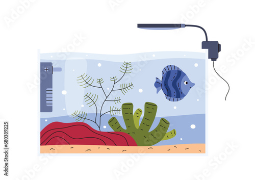 Cute home aquarium with smiling blue fish flat style, vector illustration