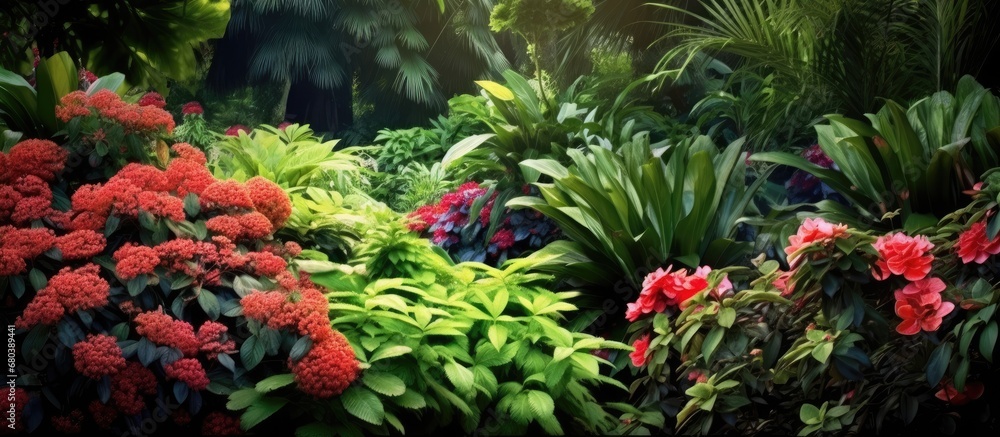 background of the lush garden, amidst the vibrant green foliage, a beautiful floral display dazzles the eye with colors ranging from vibrant red to delicate pink, creating a colorful and natural