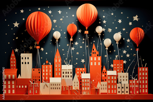 Paper art of cityscape with hot air balloons. Vector illustration. 