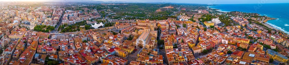 Aerial view of the Primatial Cathedral of Tarragona, a Roman Catholic church in Tarragona, Catalonia, Spain