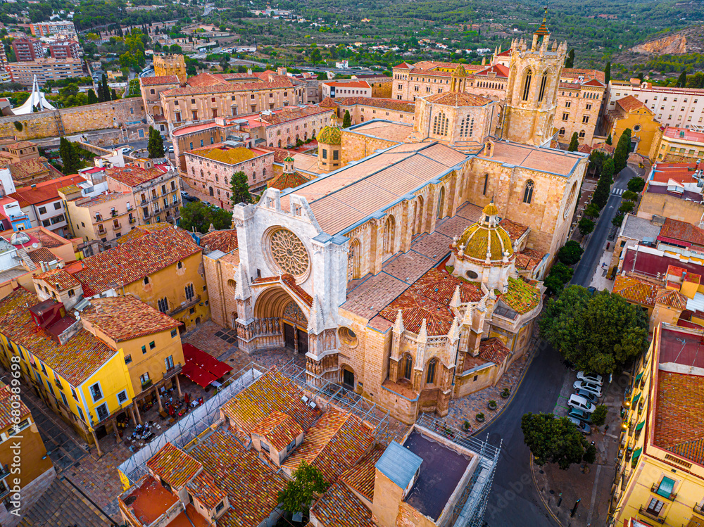 Aerial view of the Primatial Cathedral of Tarragona, a Roman Catholic church in Tarragona, Catalonia, Spain