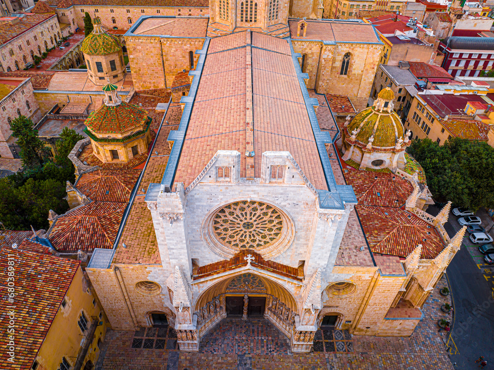 Aerial view of the Primatial Cathedral of Tarragona, a Roman Catholic church in Tarragona, Catalonia, Spain