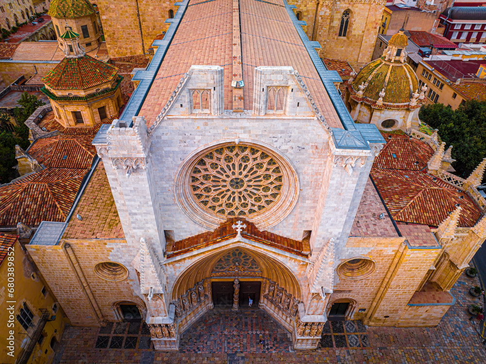 Aerial view of the Primatial Cathedral of Tarragona, a Roman Catholic church in Tarragona, Catalonia, Spain