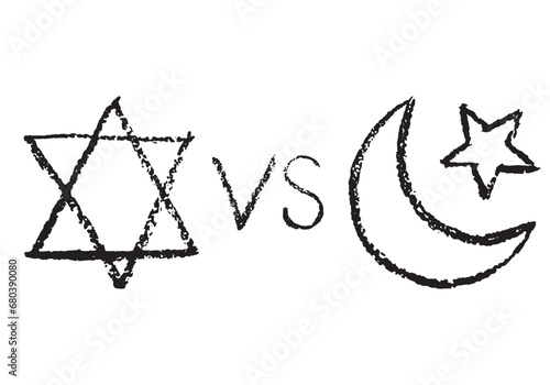 David's star, Crescent with a star and versus symbols with chalk texture isolated on white background. Islamic and Israeli sign for banner, poster or other  use. Hand drawn icons. Vector illustration.