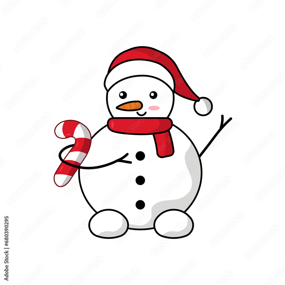 Muñeco de nieve con un gorro navideño rojo  sosteniendo un bastón de dulce. Ilustracion en PNG, sin fondo