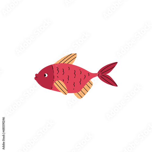 Single red fish with yellow fins.