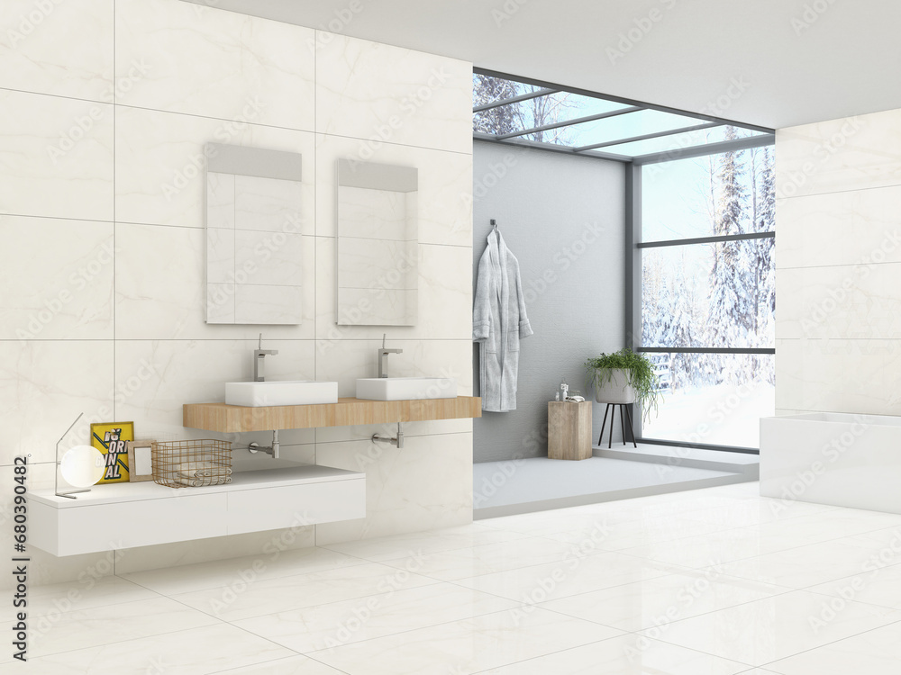 Modern bathroom interior with white marble walls, marble basins with double mirror, bathtub, open air shower and white concrete floor. Minimalist bathroom with modern furniture. 3D Rendering Modern bathroom interior with white marble walls, marble basins with double mirror, bathtub, open air shower and white concrete floor. Minimalist bathroom with modern furniture. 3D Rendering