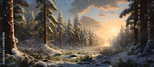 In the winter season, as the snow covers the land, the sun's warm rays begin to melt the snow, revealing patches of green amidst the conifers. photo
