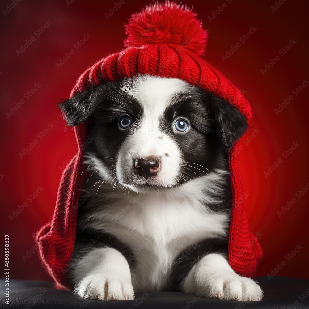 studio portrait of a little border collie puppy wearing a red winter hat