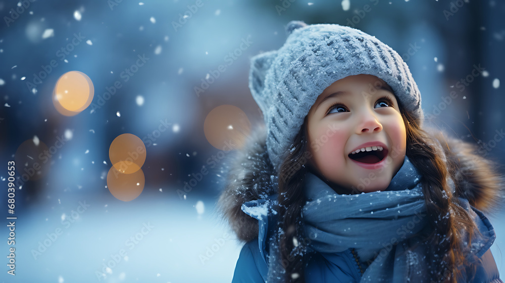 Portrait of a cute little girl in winter clothes on a background of snowfall Portrait of a cute little girl in winter clothes on a background of snowfall