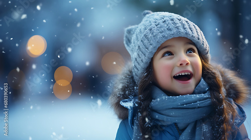 Portrait of a cute little girl in winter clothes on a background of snowfall