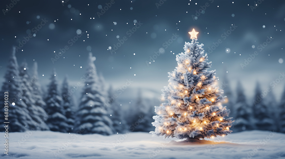 Christmas background with snowy fir tree and bokeh lights. Christmas background with snowy fir tree and bokeh lights.