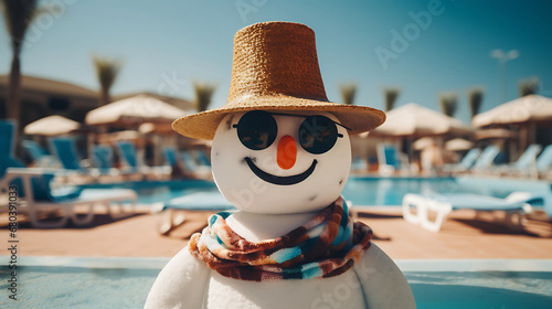 Snowman in hat and scarf near swimming pool at luxury hotel resort