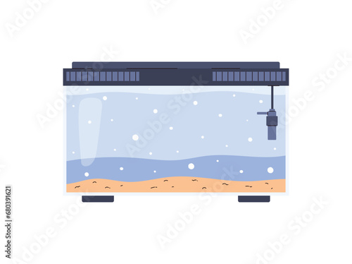 Rectangular glass empty aquarium with lid and water, vector on white