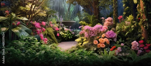 In the enchanting garden, amidst the stunning display of colorful flora, the backdrop of lush green leaves accentuated the natural beauty of the floral arrangement, combining vibrant pink and yellow