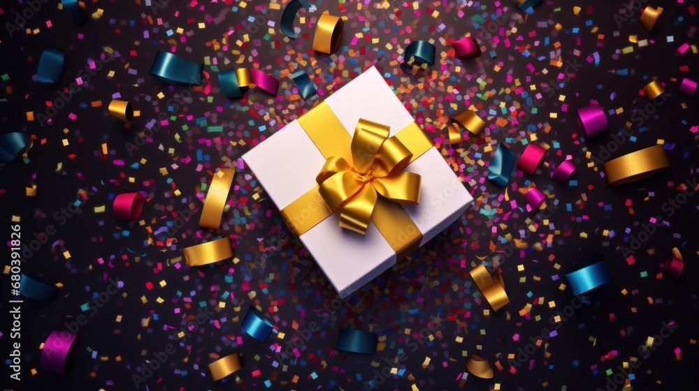 Top view of Happy New Year gift box on colorful watercolor background