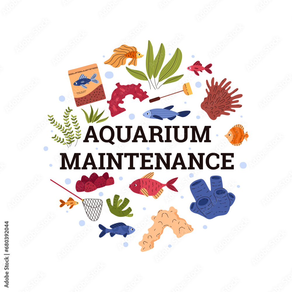 Aquarium maintenance vector poster, marine fauna and flora, aquatic pet