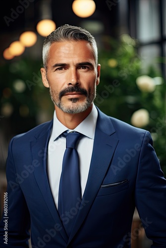 handsome hispanic man with short hair in his 50's or 60's wearing a blue business suit photo