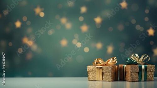 Golden gift presents on a light dark green background with colorful bokeh and stars glittering