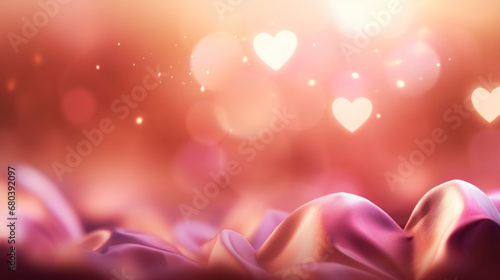 Beautiful golden Valentine's day background with soft pastel pink silk and heart shape bokeh
