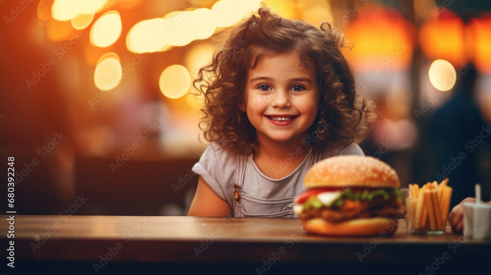 Happy girl in a street cafe with burger