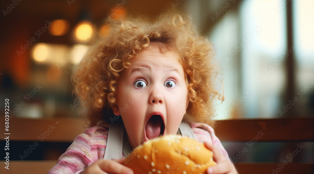 Happy girl in a street cafe with burger Happy girl in a street cafe with burger