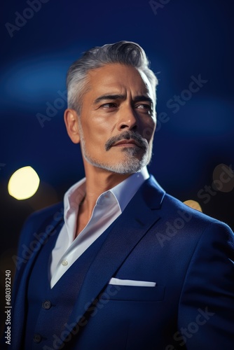 handsome hispanic man with short hair in his 50's or 60's wearing a blue business suit photo