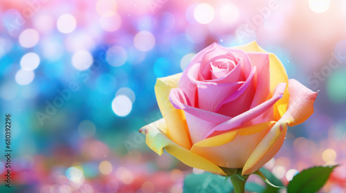 Rainbow roses petals on a colorful bokeh background.