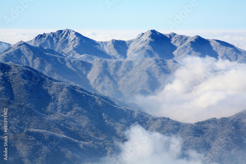 a winter mountain with clouds