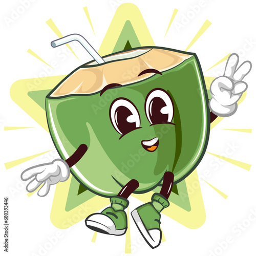 mascot coconut drink character with straw with funny face jumping with raised finger peace sign in front of shining star, isolated cartoon vector illustration. emoticon, cute coconut mascot