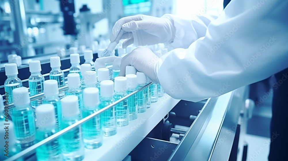 Employees working with pharmaceutical machinery operating a production line pharmaceutical factory, Pharmaceutical machine working pharmaceutical glass bottles production line Employees working with pharmaceutical machinery operating a production line pharmaceutical factory, Pharmaceutical machine working pharmaceutical glass bottles production line