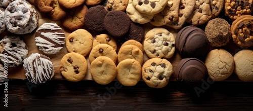 From a top view, a delectable spread of homemade sweets and pastries adorned the baking sheet mouthwatering chocolate chip cookies, irresistible pastries, and other baked treats, each a testament to photo