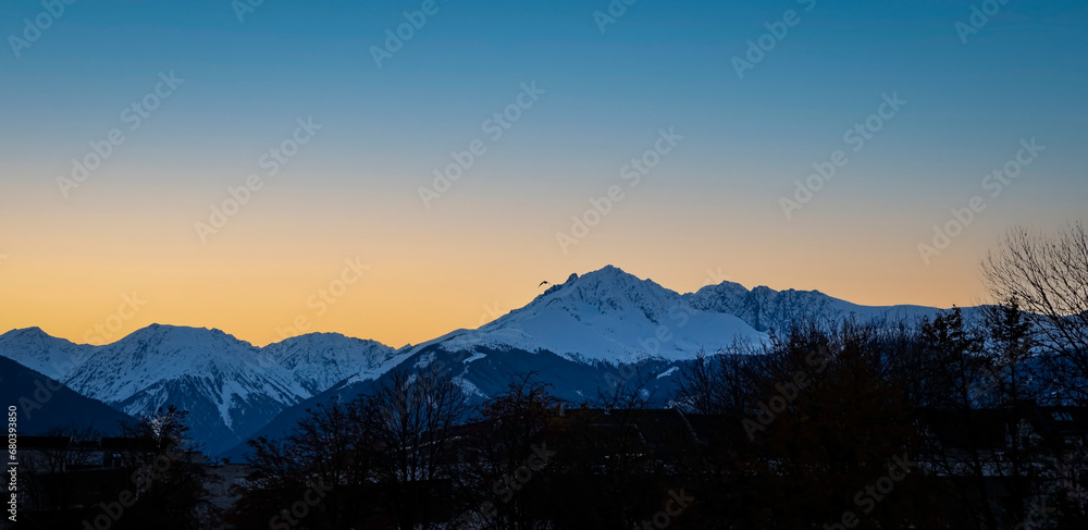 The mountain  with sunset view of alpine as snow-capped mount peaks in Winter mountains scene ,Tyrol ,Austria