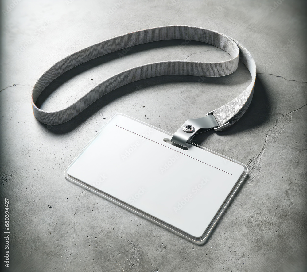 Professional badge on concrete with gray strap and metal clasp. Security and accessibility concept. Generative AI Professional badge on concrete with gray strap and metal clasp. Security and accessibility concept. Generative AI