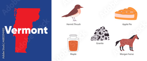 Vermont states map shape symbol object granite stone morgan horse maple syrup apple pie hermit thrush bird America country illustration