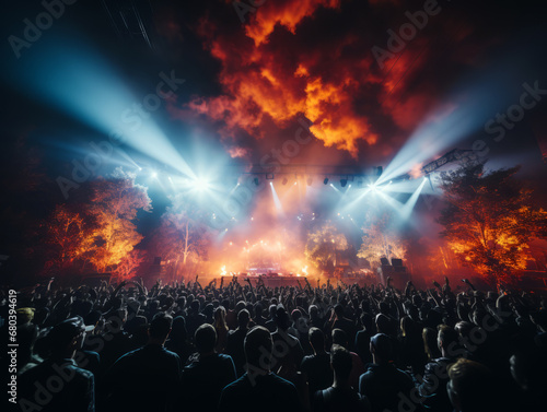 Spectacular concert scene with dynamic lighting and engaged audience. Generative AI