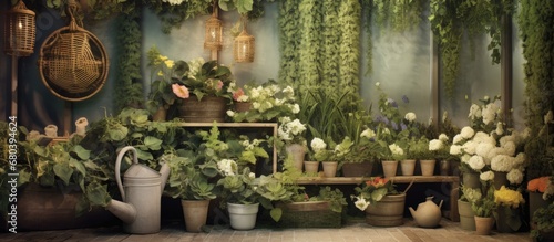 In a vintage-inspired garden, blooming flowers create a beautiful backdrop that seamlessly blends with the natural elements of the space, evoking a serene springtime ambiance. The concept of