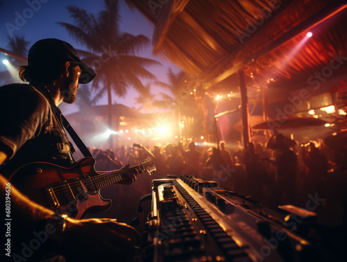 Musician playing guitar on stage at a tropical evening concert. Generative AI