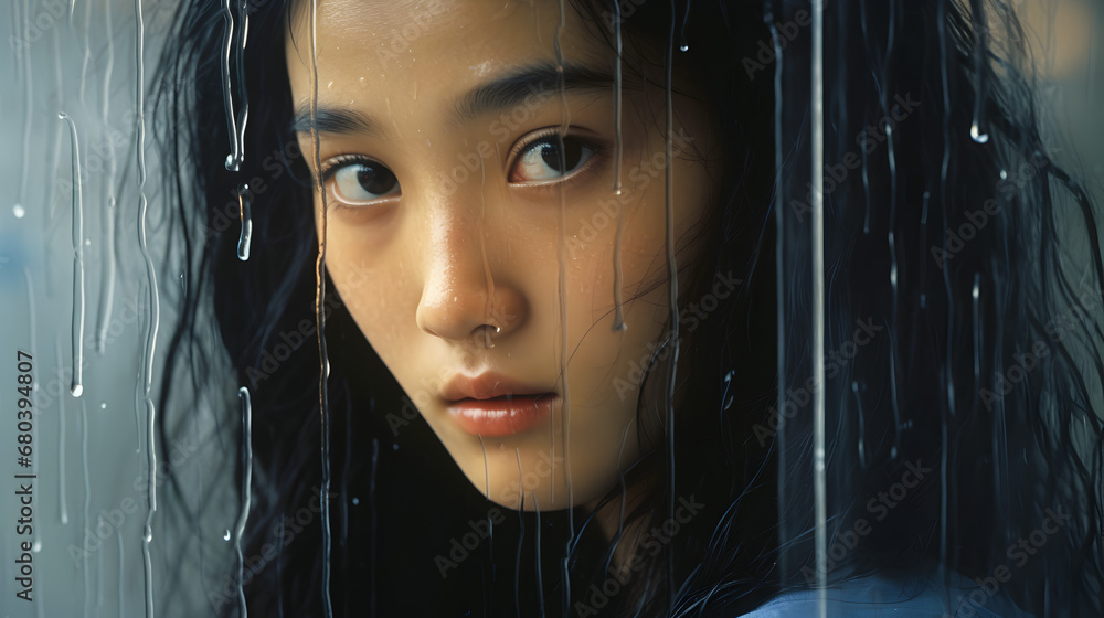 A scene reminiscent of the 1980s, featuring a young Chinese woman standing behind a window with raindrops trickling down A scene reminiscent of the 1980s, featuring a young Chinese woman standing behind a window with raindrops trickling down