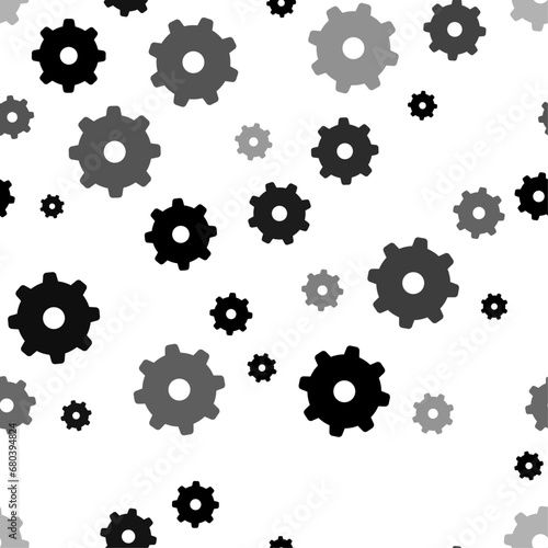 Seamless vector pattern with gear symbols, creating a creative monochrome background with rotated elements. Vector illustration on white background