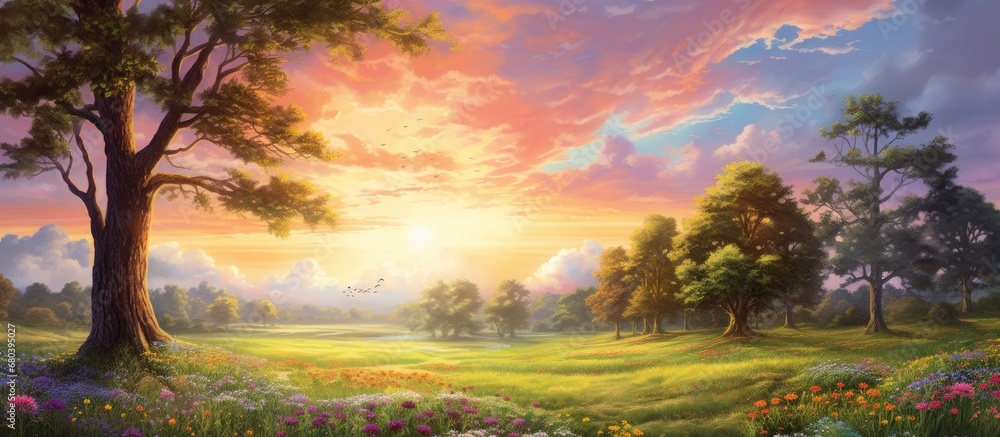 enchanting summer landscape, vibrant flowers and lush green grass sway beneath the majestic trees, as the golden sun sets behind the distant forest, painting the sky in hues of blue and orange while