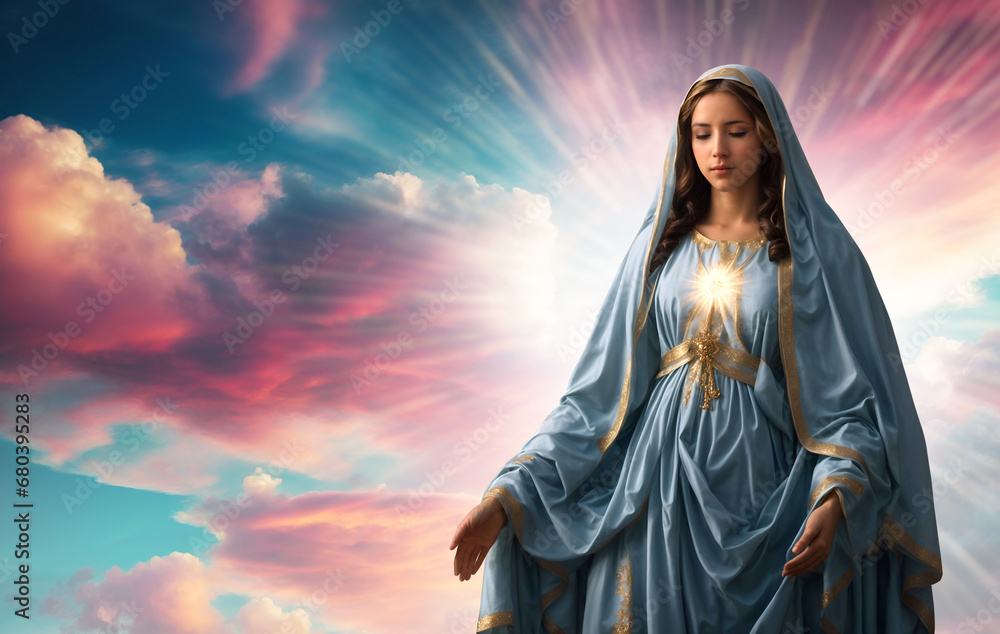 Blessed Virgin Mary in a vivid colorful sky background. Religious conceptual theme with copy space. Blessed Virgin Mary in a vivid colorful sky background. Religious conceptual theme with copy space.