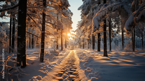 Landscape photos of beautiful road through winter pine forest trees with white snow in December of Arctic circle country. Generative AI photo